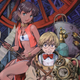 Nadia, holding a toy glider, leans next to Jean, sitting in a unhelmeted diving suit on the floor.